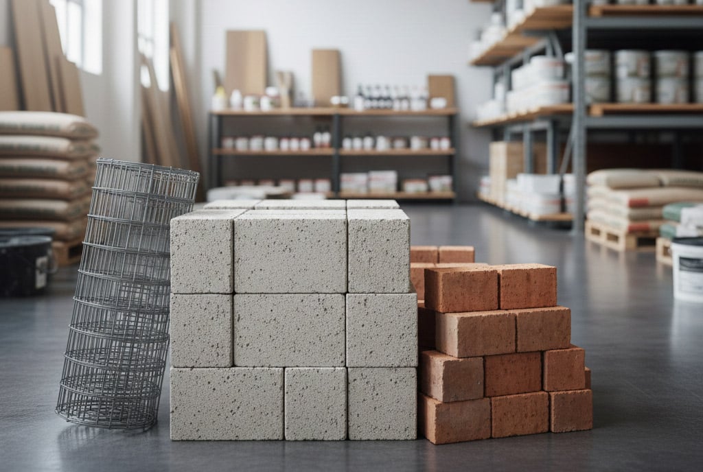 Mehrere Betonblöcke, Ziegelsteine und aufgerollter Drahtgitter liegen zusammen auf dem Boden eines Lagerraums