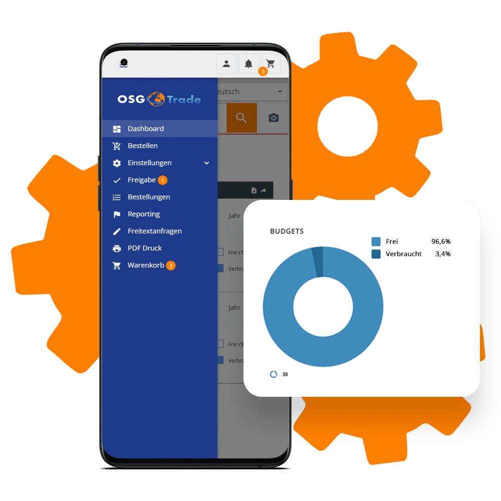 Handy mit der OSG EOS Oberfläche, wo man das Menü sieht und ein Budget-Diagram. Im Hintergrund sind Zahnräder