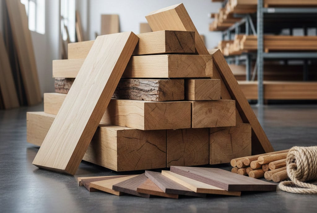 Holz in Balkenform, als Bretter oder Stäbe liegen zusammen auf dem Boden eines Lagerraums