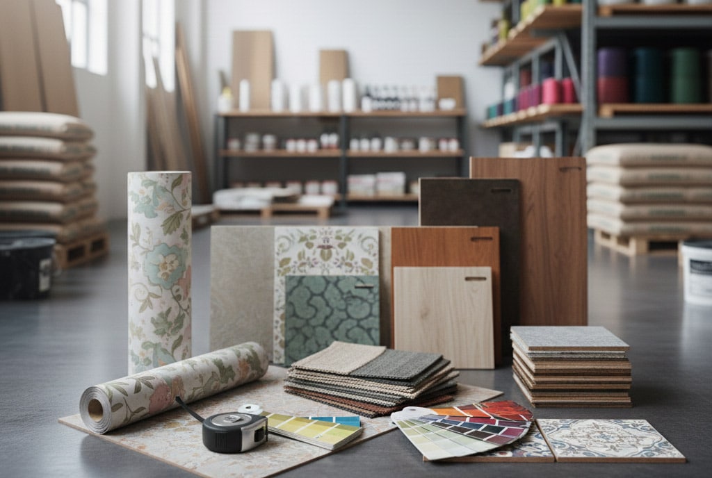 Verschiedene Gegenstände wie Fliesen, Teppichproben, Tapeten und weitere liegen zusammen auf dem Boden eines Lagerraums