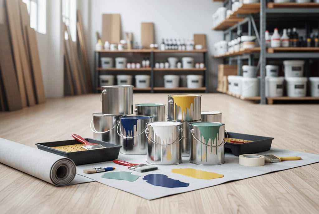 Verschiedene Gegenstände wie mehrere Farbtöpfe, Pinsel, Malerunterlagen und weitere liegen zusammen auf dem Boden eines Lagerraums