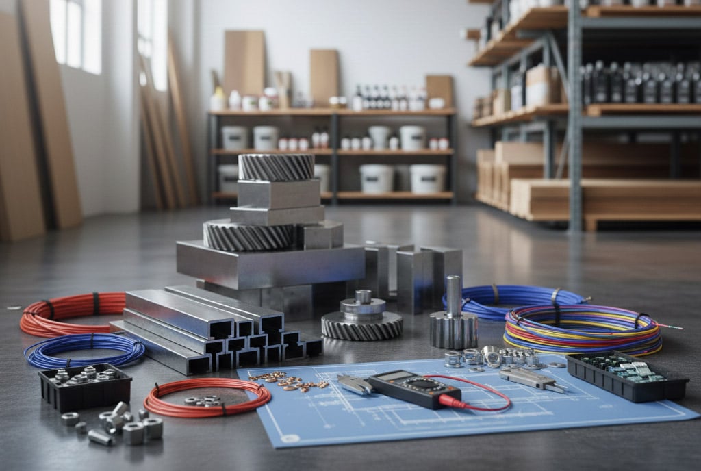 Verschiedene Gegenstände wie ein Blauplan, Strommesser, Metallträger, Kabel und weitere liegen zusammen auf dem Boden eines Lagerraums