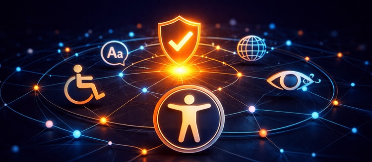 Eine futuristische Grafik mit verschiedenen leuchtenden Barrierefreiheits-Symbolen wie einem Rollstuhlfahrer, einem Auge und einem Schild mit Häkchen, die in einem vernetzten, digitalen Netzwerk angeordnet sind
