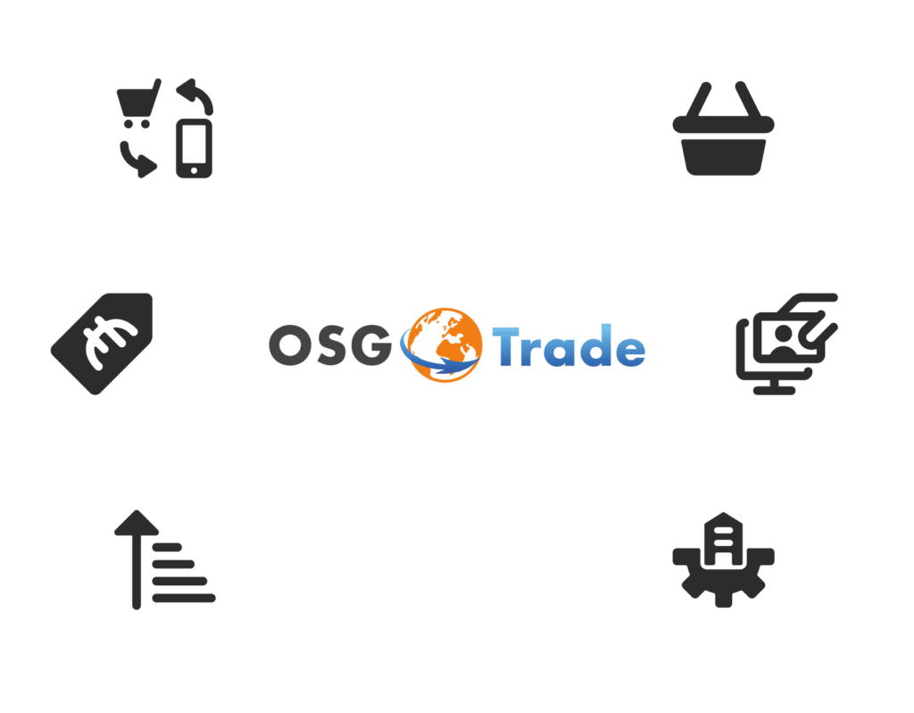 OSG Trade Logo umgeben von verschiedenen Icons aus dem E-Commerce-Bereich