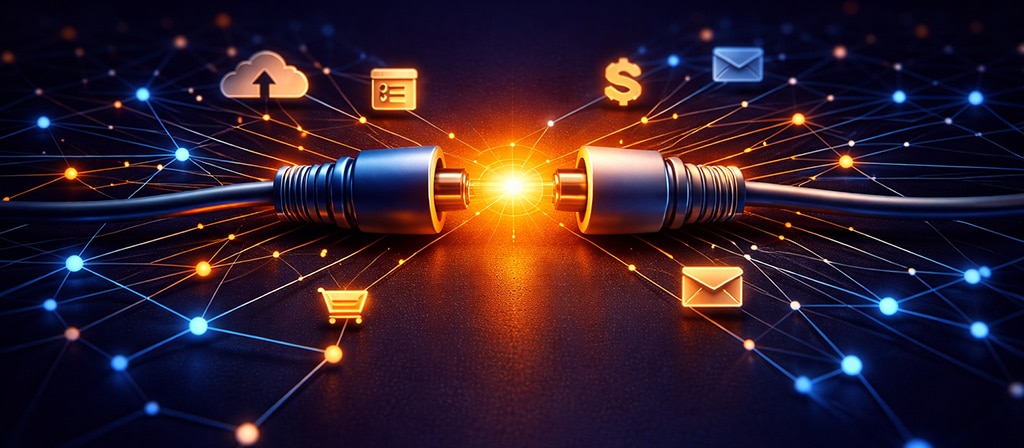 2 Kabelanschlüsse treffen voneinander und verbildlichen so abstrakt eine Schnittstelle mit verschiedenen Icons aus dem E-Commercebereich drumherum