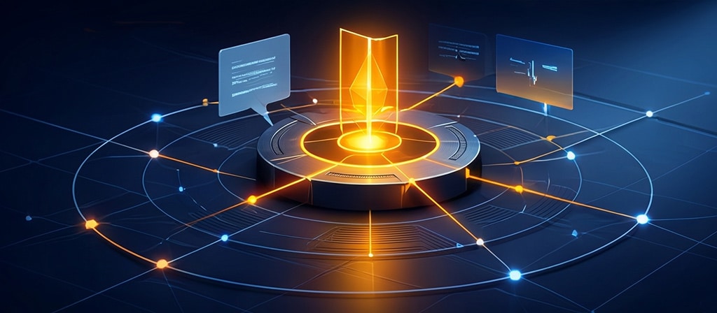 Verschiedene Elemente deuten auf einen zentralen Punkt um die gesammelten Infos in einem Self-Service Portal darzustellen